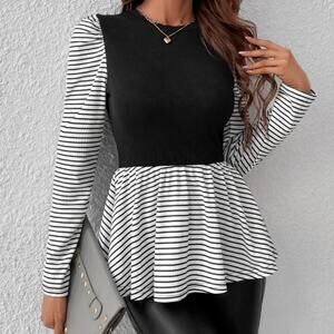 Striped Puff Sleeve Peplum Top Sz Large